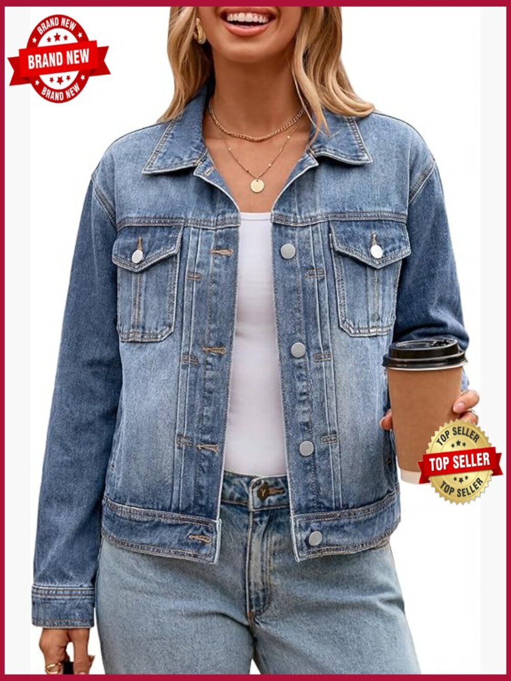 Denim Jacket, Casual Trendy Button Down Long Sleeve with Pockets